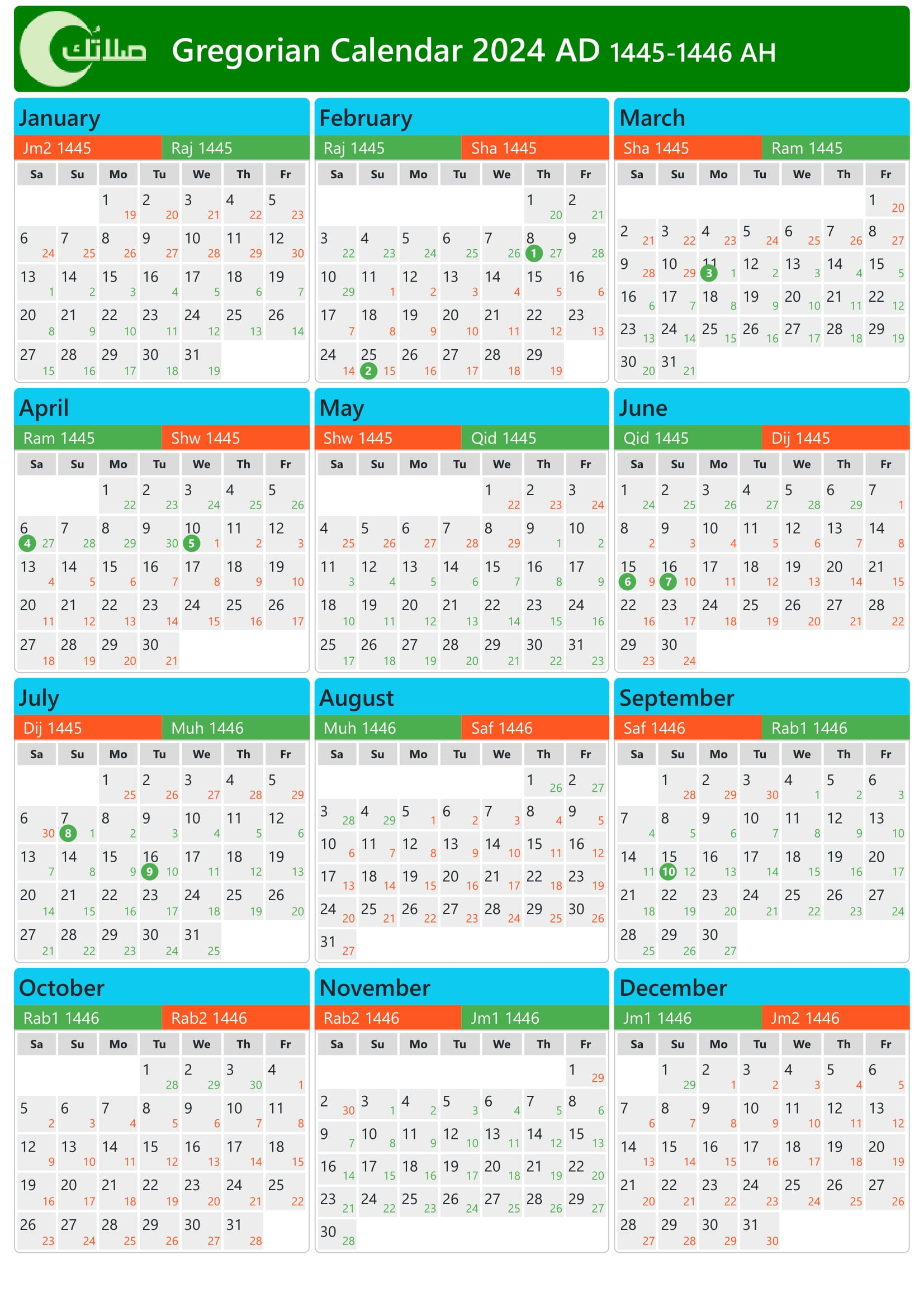Gregorian Hijri Calendar 2024 (14451446)
