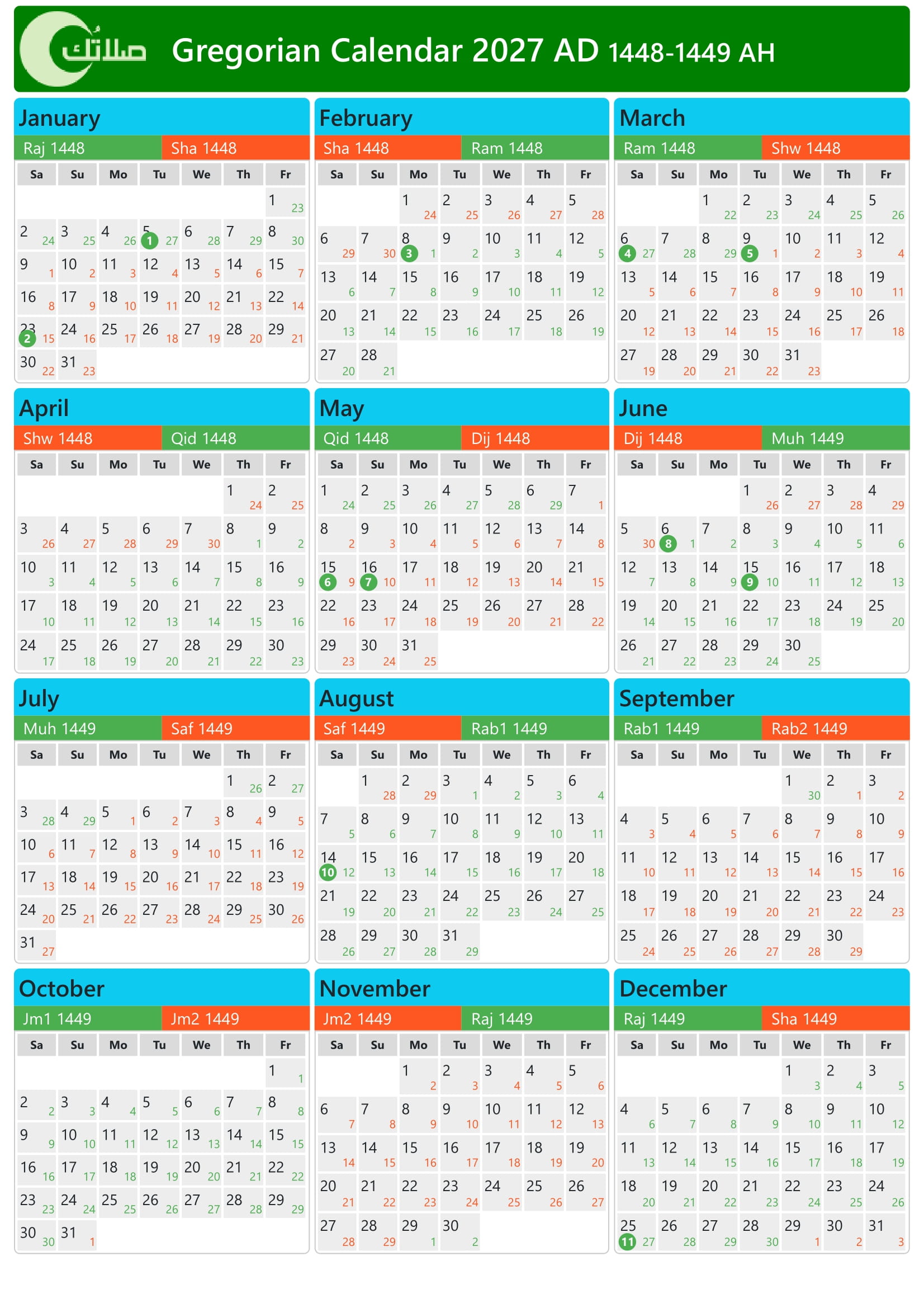 Gregorian Hijri Calendar 2027 (1448-1449) in United States